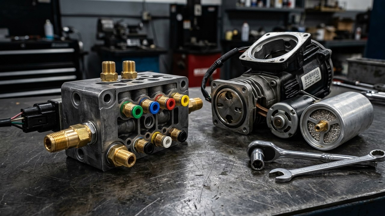 Блок клапанов пневмоподвески 7L0698014 и компрессор Wabco VAG